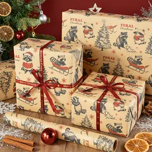 Hand-Drawn Woodland Raccoon Wrapping Paper Roll, Kraft Paper Background, Snowflake & Christmas Tree Pattern, Vintage Gift Wrap for All Occasions, 58*23 Inch