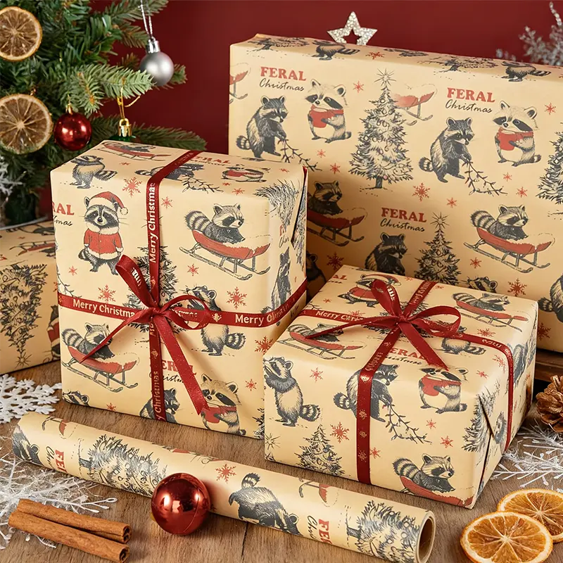 Vintage Kraft Christmas Wrapping Paper Roll (1 Roll, 58*23 inches), Durable Cute Raccoon Feral Animal Print Gift Wrap for Xmas Presents, Festivals Party Decorations, Home Decoration
