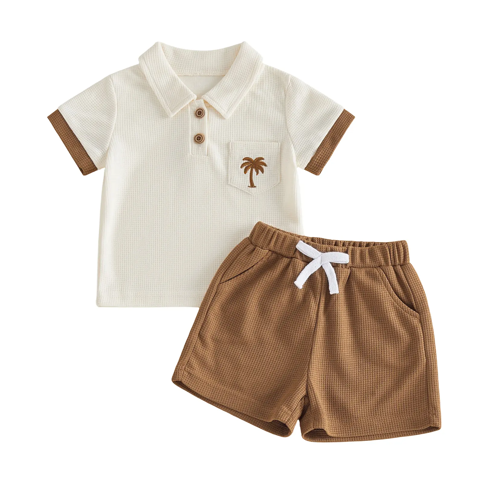 Toddler Baby Little Boy Summer Outfit Casual Coconut Tree Button Collared Short Sleeve Tops and Shorts 2 Pcs Set 6M-4T