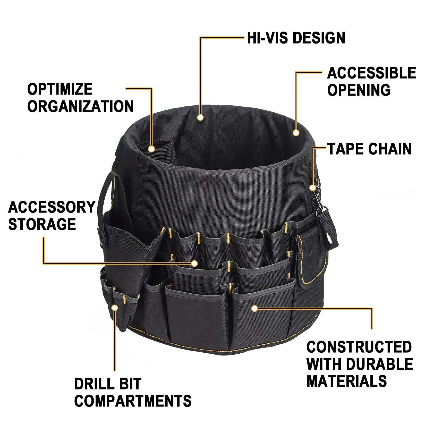 Oxford Fabric Tool Bag Fits 30cm Diameter Bucket, Heavy Duty Tool Organizer with Multiple Pockets & Loops for Storage, Black Tool Tote for Workshop Garage Construction (Bucket Not Included), Portable Tool Bag, Tool Pouch
