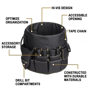 Oxford Fabric Tool Bag Fits 30cm Diameter Bucket, Heavy Duty Tool Organizer with Multiple Pockets & Loops for Storage, Black Tool Tote for Workshop Garage Construction (Bucket Not Included)