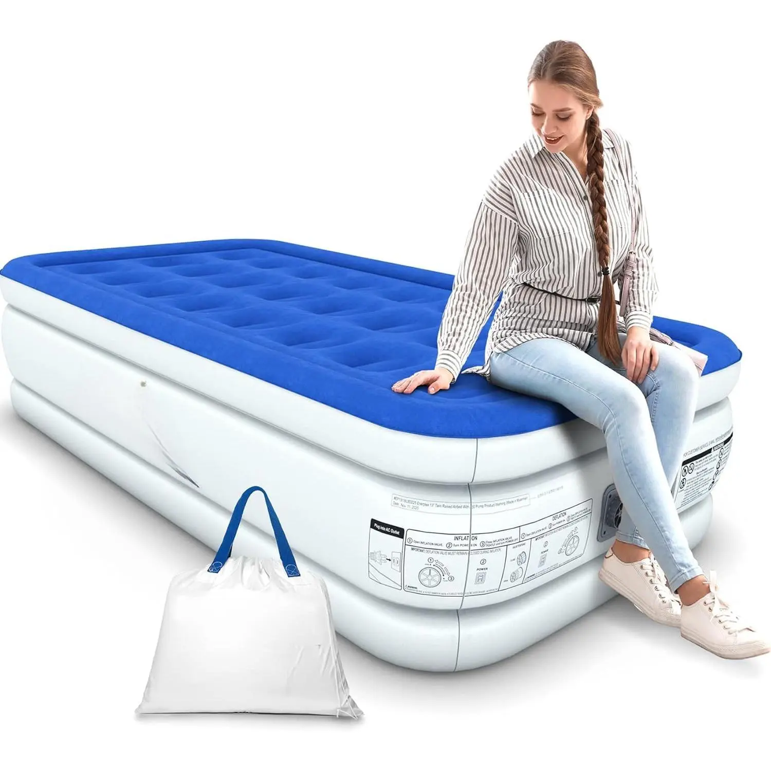 Baby Self-Inflating Air Mattress with Built-in Pump - Raised Flocked-Top Blow Up Bed with Neck Support, Portable for Home & Travel