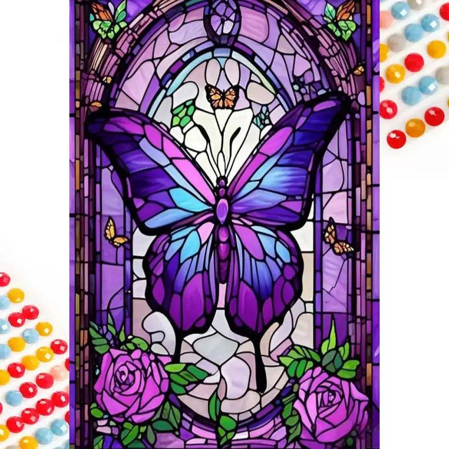 5D DIY Full Rhinestone Round Diamond Painting - Diamond Art Kit Purple Butterfly, Rose Mosaic, Canvas - DIY Decorative Painting, Home Wall Decor, Handicraft, Perfect for Halloween, Christmas, Birthday and Anniversary Gifts, Handmade Gifts
