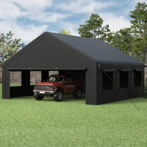 MNLR 20' x 20' Carport Canopy, Portable Garage with Side-Opening Door, Roll-Up Windows and 4-Hole Base, Black