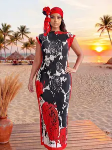 Women's Floral Print Rose Robe Set, Casual Long Dress & Scarf Headband, Beach Sun Protection Satin Shawl, All Seasons Fashion, Chic