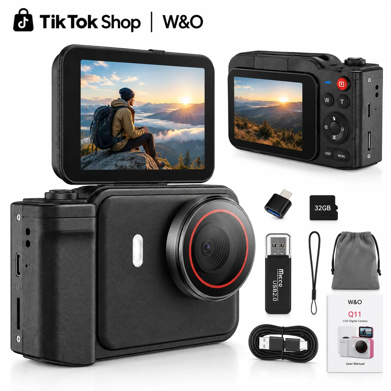 W&O Q11 Portable 4K Vlogging Camera with 180° Flip Screen, 16X Digital Zoom, Flash Light, 32GB Card Included, Compact Camera for Teens, Beginners, Travel and Content Creation Birthday Recording Selfie
