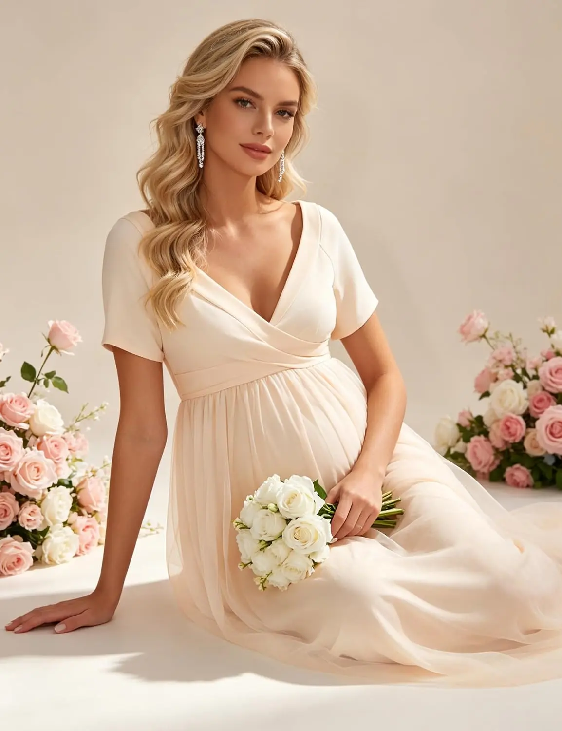 Maternity Maxi Dress Short Sleeve Chiffon Flowy Baby Shower Gown | Light chiffon maternity gown, wrap V neck short sleeve pregnancy dress, formal for maternity shoot & wedding guest
