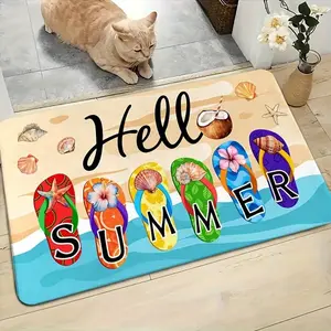 Hello Summer Non-Slip Floor Mat With Flip-Flops, Watermelon & Starfish Design - Washable Polyester, PVC Backing For High-Traffic Areas - Vibrant Beach Theme Decor, Beach Mat, Entryway, Playful Pattern, Easy To Clean, Decorative, Vacation Home, High Traffi
