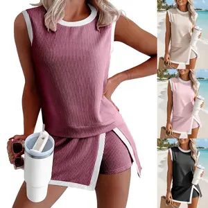 VVZ 2026 Women's Two Piece Set Sleeveless Ribbed Tank Top and Shorts Outfit Casual Summer Matching Set Sport Lounge Workout Vacation Beach Outfit