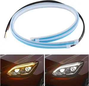 2PCS White-Amber Streamers LED Light Strip for Head Light Day Running Light/Turn Signal Bulbs, Cuttable & Waterproof, Universal 12V Exterior Car LED Light Truck SUV Decorations