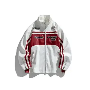 Men's PU Leather Vintage Racing Jacket, Colorblock Stand Collar Biker Coat, Casual Oversized Streetwear for Fall & Winter