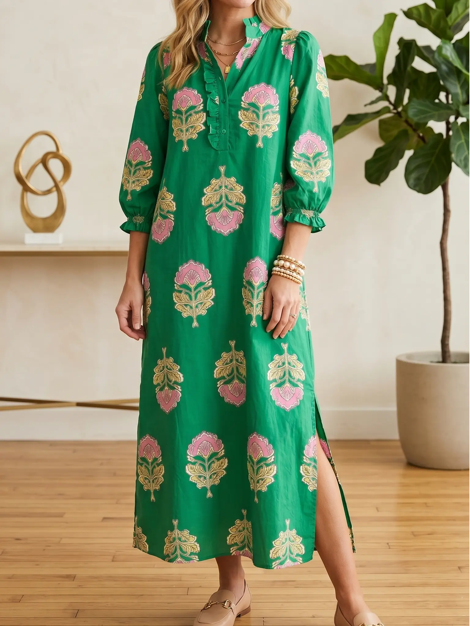 Chic Petal Emerald Floral Botanical Midi Dress Summer Beach Modest Resort Wear Ruffle Collar