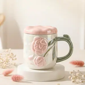 Aesthetic 15oz 3D Camellia Pearl Glaze Mug Vintage Embossed Ceramic Coffee Cup with Lid Elegant Floral Tea Cup Gift for Her & Mom Drinkware Tumbler