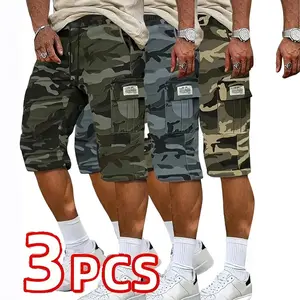 Men's 3-Pack Camouflage Cargo Shorts - Multi-pocket design, drawstring waist, casual street-style shorts, suitable for daily wear and urban styling, an ideal choice for summer fashion