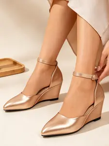 Women's Pointed Toe Wedge Sandals, Casual PU Leather Shoes, All-Season Ankle Boots, Comfortable High Heel Slippers
