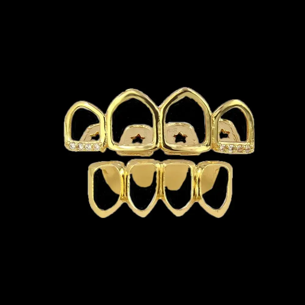 Hip Hop 4/4 Hollow Zircon Teeth Grillz For Women Men 14K Gold Plated CZ Stone Tooth Caps Body Jewelry