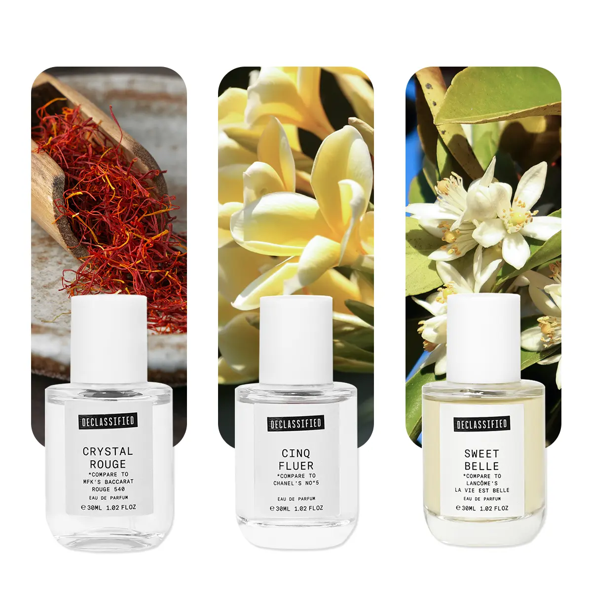 Declassified Eau de Parfum Set | Crystal Rouge × Cinq Fluer × Sweet Belle | 30ml × 3 Orange Blossom, Saffron, Jasmine, Sandalwood, Vetiver & Tonka Bean