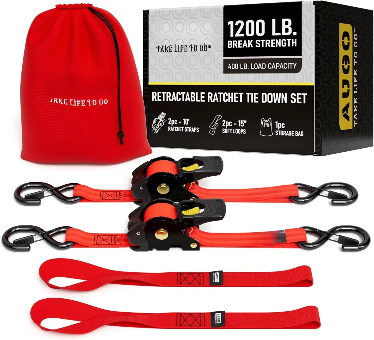 Retractable Ratchet Straps | 2 Heavy Duty Ratchet Straps Self Retractable Tie Downs with Soft Loops & Storage Bag for , , Trailer, Cargo Van | 1200 Lb Break Strength 1 x 10