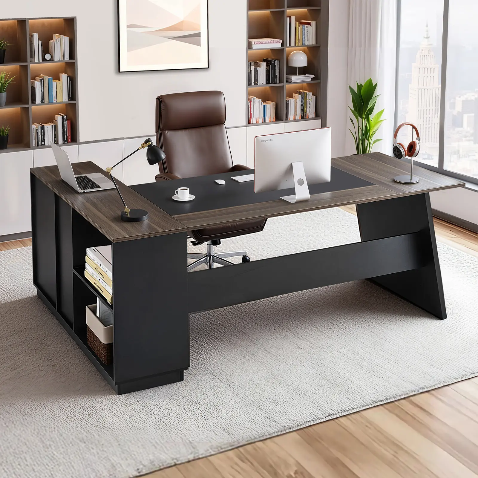【SummerFinds】VEVOR L-Shaped Executive Desk, Contemporary Particlewood Office Furniture, Large Minimalist Decluttering WFH/Study Setup, Lockable Drawers, Storage Cabinet, Heavy-Duty Build, 350 LBS Load Capacity, Easy Assembly, Brown+Black