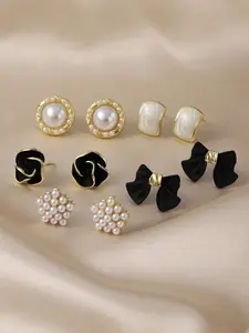 5 Pairs Vintage Unique Black Camellia Flower Bow Star Shape Faux Pearl Geometric Stud Earrings Set, Ear Studs, Minimalist Elegant Quality Fashion Earrings Jewelry Suitable For Women Everyday And Holiday Wear