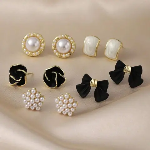 5 Pairs Vintage Unique Black Camellia Flower Bow Star Shape Faux Pearl Geometric Stud Earrings Set, Ear Studs, Minimalist Elegant Quality Fashion Earrings Jewelry Suitable For Women Everyday And Holiday Wear, Stud Earring Sets