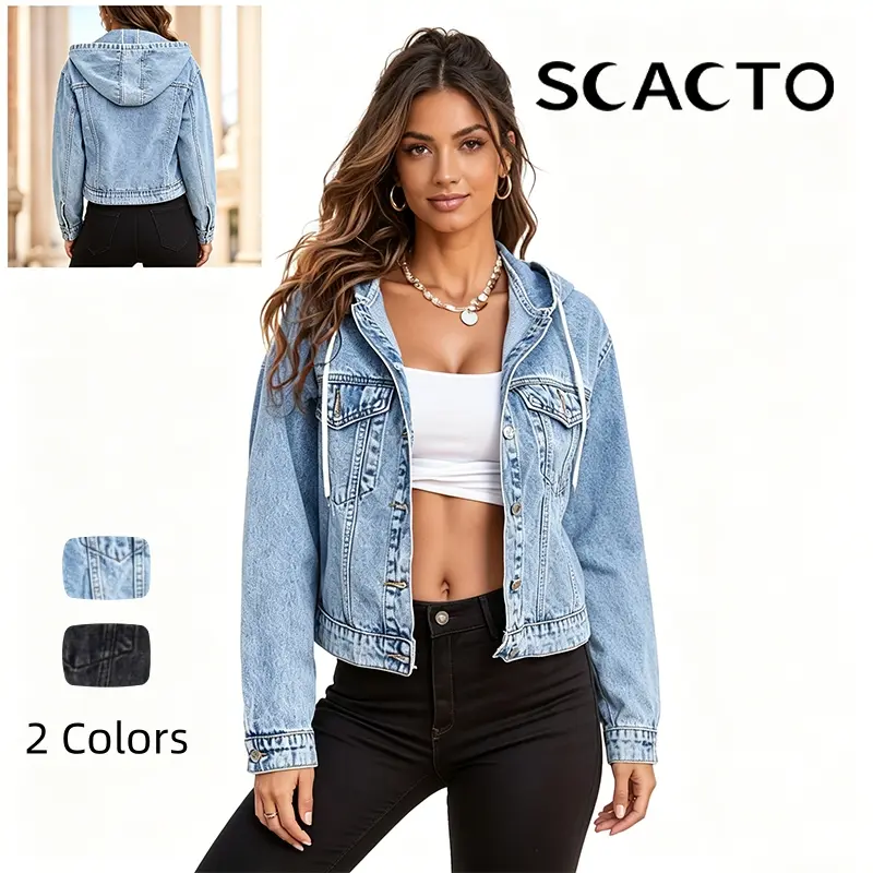 Scacto Women's Hooded Denim Jacket, Casual Long Sleeve Regular Fit Cotton Polyester Blend Outerwear, Piece, Jean Jacket, 2Xl, No, Tops, Longsleeves