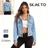 Scacto Women's Hooded Jean Denim Jacket - Casual Regular Fit Cotton-Polyester Blend Long Sleeve Outerwear, 2XL Tops, Jean Jacket