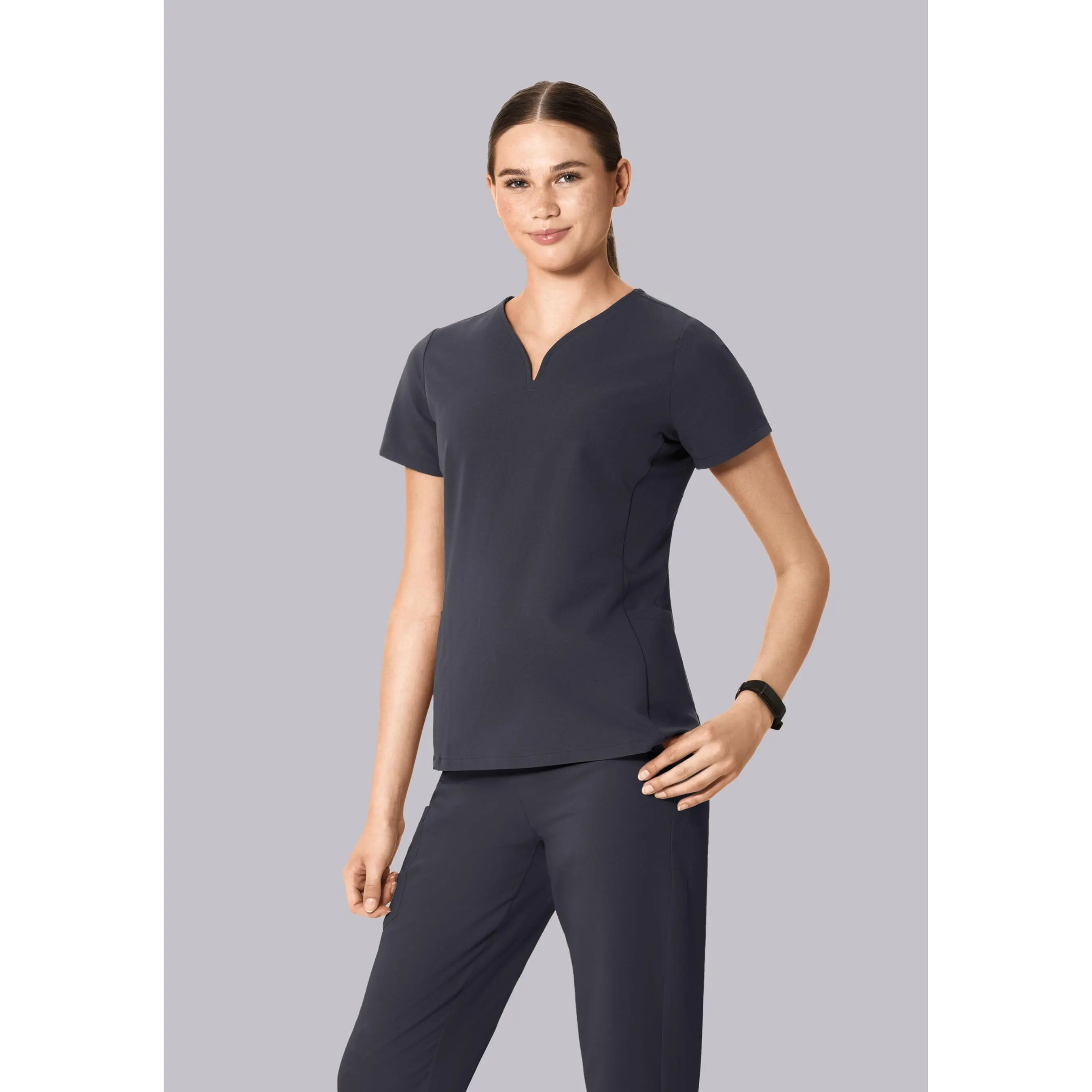 Curved V-Neck Top Pewter