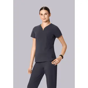 Curved V-Neck Top Pewter