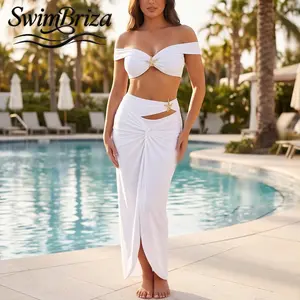 Briza｜Women's Off Shoulder Bikini Set with Sarong Cover Up White High Waisted Two Piece Swimsuit Vacation Beach Swimwear Bathing Suit 2 Piece Sets Summer Poolside Resort Wear, Women's Swimwear, Bathing Suit for Women, Two Piece Bathing Suit