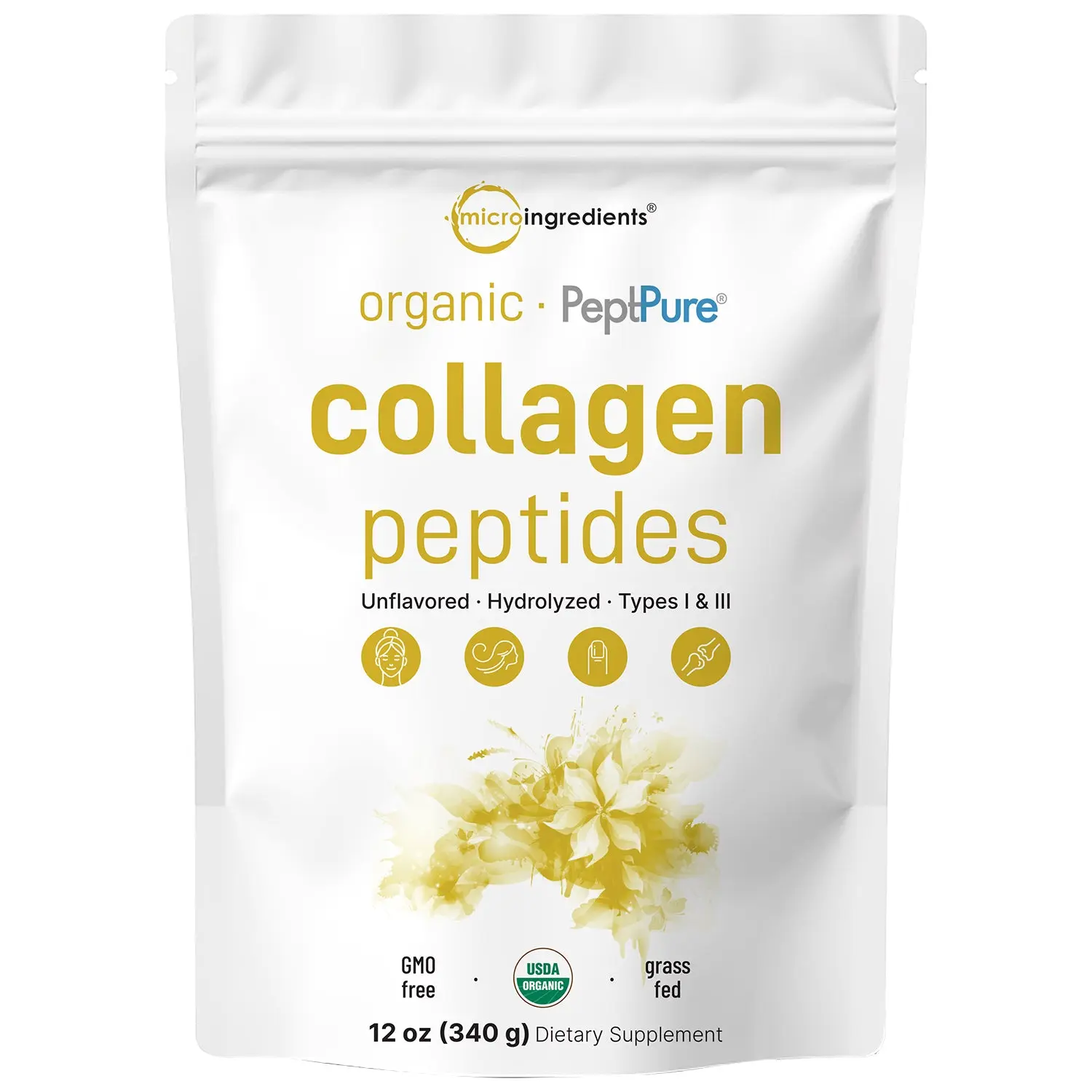 Micro Ingredients Organic Collagen Peptides Powder, 12oz Edible Supplement Micro Ingredients Organic Collagen Peptides Powder, 12oz Edible Supplement