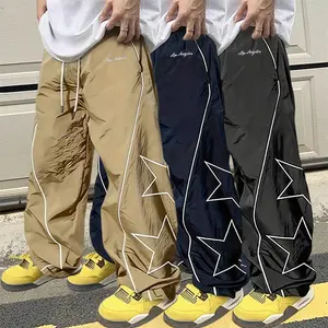 Men’s 3-Pack Letter-Print Wide-Leg Pants — Drawstring Waistband, Star Pattern Print, Ideal for Hip-Hop and Everyday Casual Wear