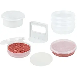 Hamburger Press Patty Maker - 4 in 1, Burger Mold, Patty Press, 8 Storage Containers, 100 Round Papers - Hamburger Patty Maker Tool for BBQ - Burger Shaper for Meat, Veggie Patties