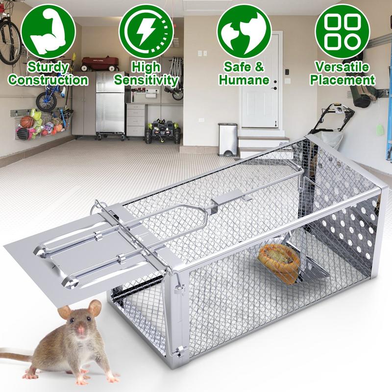 Stainless Steel Rodent Trap - High Sensitivity Pedal Auto-Locks Door, Humane Live Capture - Safe, Durable, Indoor/Outdoor Versatile Placement, Easy to Use