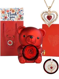 Heart Shaped Gemstone Necklace with Rose Gift Box, Cute Bear Design Jewelry Box, Elegant Jewelry for Women & Girls, Suitable for Birthdays, Valentine's Day, Jewelry Gifts