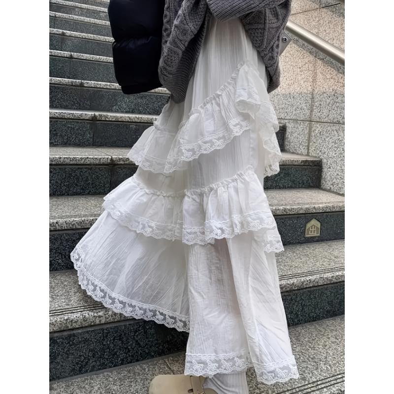 Elegant High-Waisted A-Line Long Skirt for Women, Spring Collection, Korean Style, White Cake Design, Lace Ruffle Detail, 100% Polyester, Solid Color, All Seasons, 125g/m² Lining, 140g/m² Fabric Weight