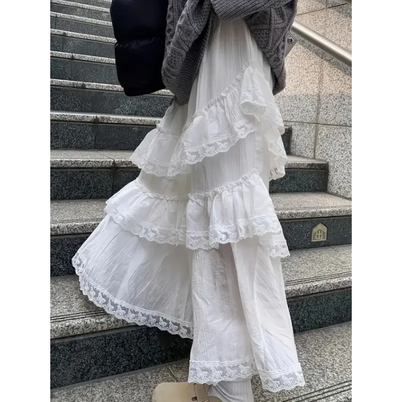 Elegant High-Waisted A-Line Long Skirt for Women, Spring Collection, Korean Style, White Cake Design, Lace Ruffle Detail, 100% Polyester, Solid Color, All Seasons, 125g/m² Lining, 140g/m² Fabric Weight