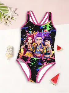 Girls Kpop Series One-Piece Swimsuit, Q Version Cartoon Anime Print Fashion Swimwear, Back Cross Straps Beach Vacation New Swimming Suit