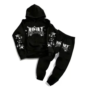 Men’s two-piece set featuring a star-patterned, super-intelligent letter-print hoodie and matching pants; slightly stretchy apparel suitable for autumn and winter. GARMENTARY