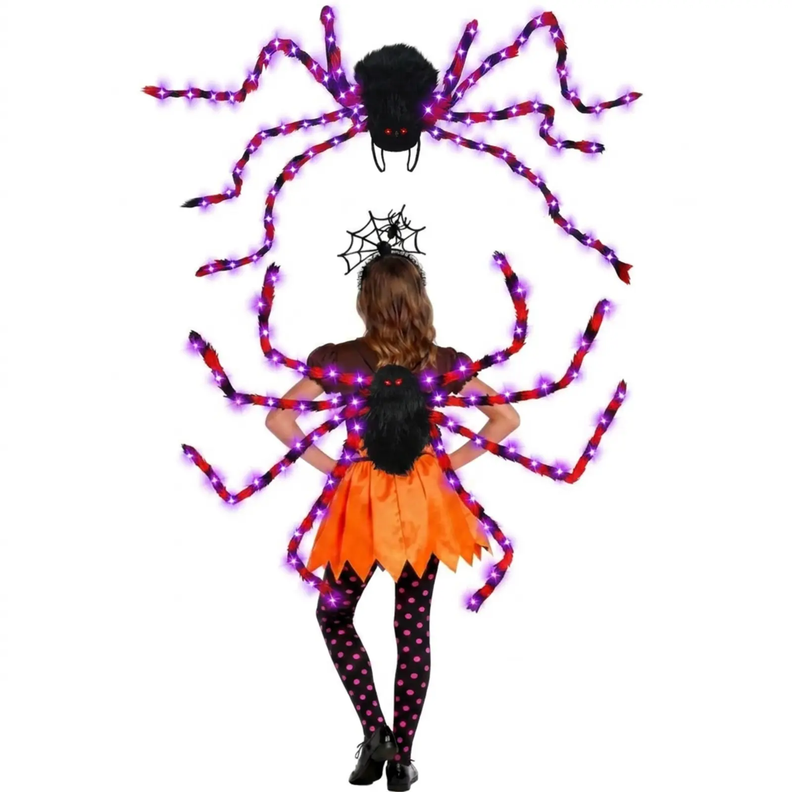 2026 Halloween Spider Costume LED Plush Light Up Spider Costume with Straps and Light Up Hair Hoop Giant Spider Cosplay Costume for Adults Halloween Party Haunted House Outdoor Indoor Decorations Realistic Spider Yard Decor Web Decoration