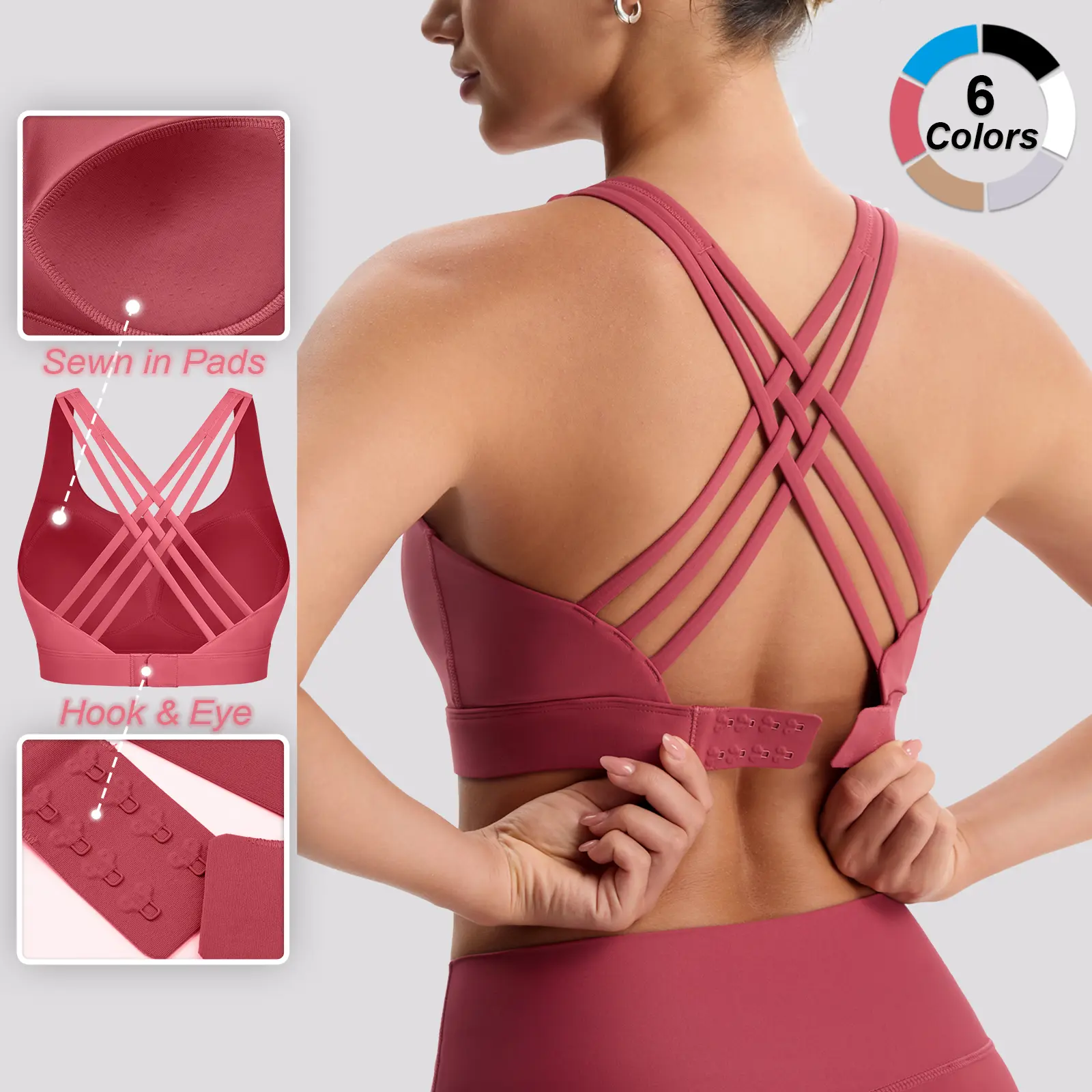 Women's High Impact Sports Bras with Sewn-in Pads,4 Row Adjustable Hook-eye Closure,Soft and Comfortable Non-removable Molded Cups,Crisscross Strappy Workout Tops for Yoga Running Fitness Clothes Athletic Fitted
