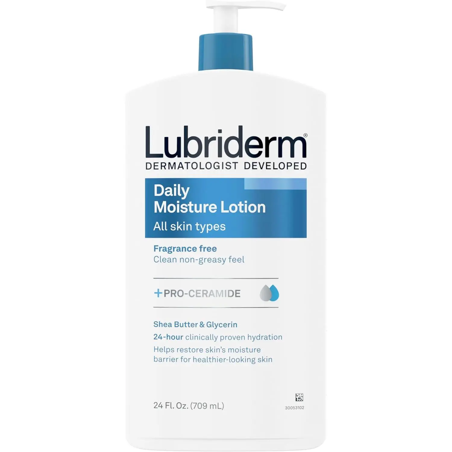 Lubriderm Fragrance Free Daily Moisture Lotion + Pro-Ceramide, Shea Butter & Glycerin, Face, Hand & Body Lotion for Sensitive Skin, Hydrating Lotion for Healthier-Looking Skin, 24 fl. oz