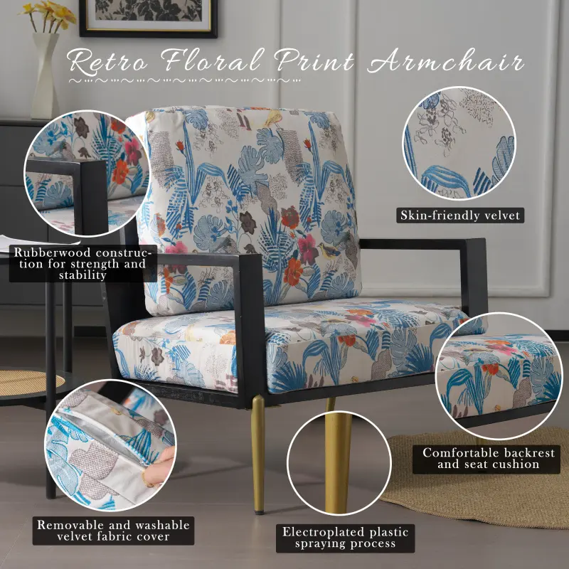 [SOIYELIFE] Retro Low Back Floral Print Velvet Accent Armchair with Gold Metal Legs & Rubberwood Frame, Wide Armrest Mid-Century Lounge Chair with Pillow Back, Sofa Chair for Living Room & Balcony, Blue Floral,Unique furniture