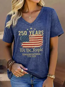 Plus Size Casual American Flag Print V-Neck Short Sleeve T-Shirt, 250 Years We The People Grahic Tees,Cute Tshirts,Retro T shirts,Teacher T shirts For Women, Best Patriotic Shirts Perfect For Daily Leisure Gifting & National Events,Summer Women Outfits