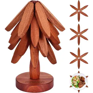 Trivets for Hot Dishes,Tree Shape Trivet Set,4 Wooden Trivets + 1 Stand, Heat-Resistant Foldable Wooden Tree Trivet Set for Pot?Bowl?Teapot?Hot Pot Holder