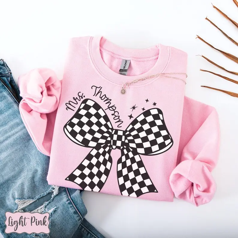 Custom Teacher Checkered Bow Sweatshirt, Teacher Name Sweatshirt, Personalized Teacher Appreciation Sweatshirt, Retro Gift For Teacher