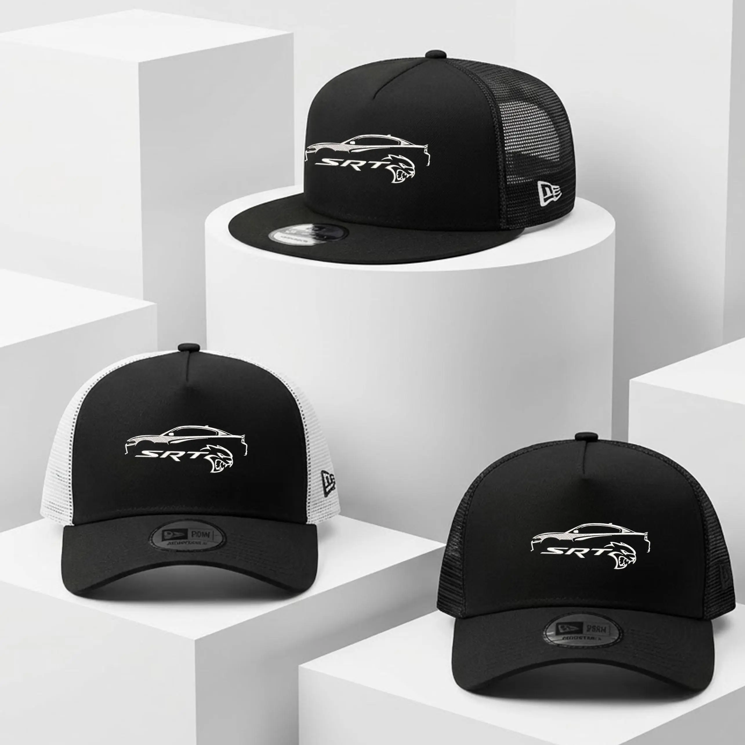 SRT Hellcat Embroidered Snapback Hat, Embroidered Muscle Car Trucker Cap, Mopar Inspired Gift, 59MODEL Embroidered Adjustable Black Mesh Back Hat for Car Lovers