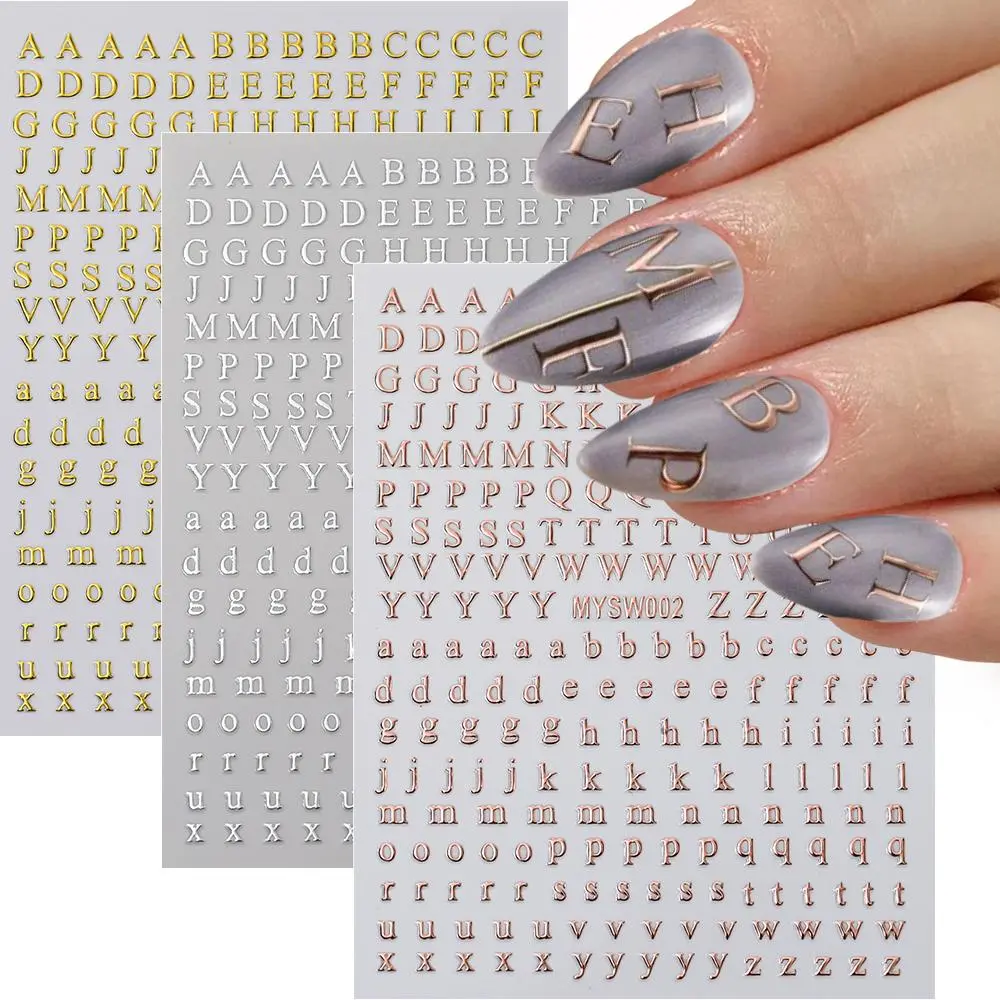 2Pcs Small 26 Alphabet Nail Sticker 3D Black Gold Silver Laser Roman English Letter Adhesive Decals 8*10cm Manicure DIY Sliders