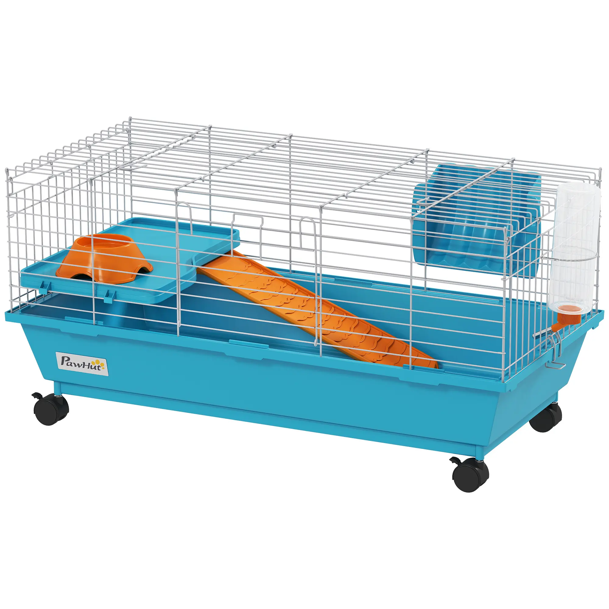 35"L Small Animal Cage, Rolling Bunny Cage, Guinea Pig Cage with Wheels, Food Dish, Water Bottle, Hay Feeder, Blue
