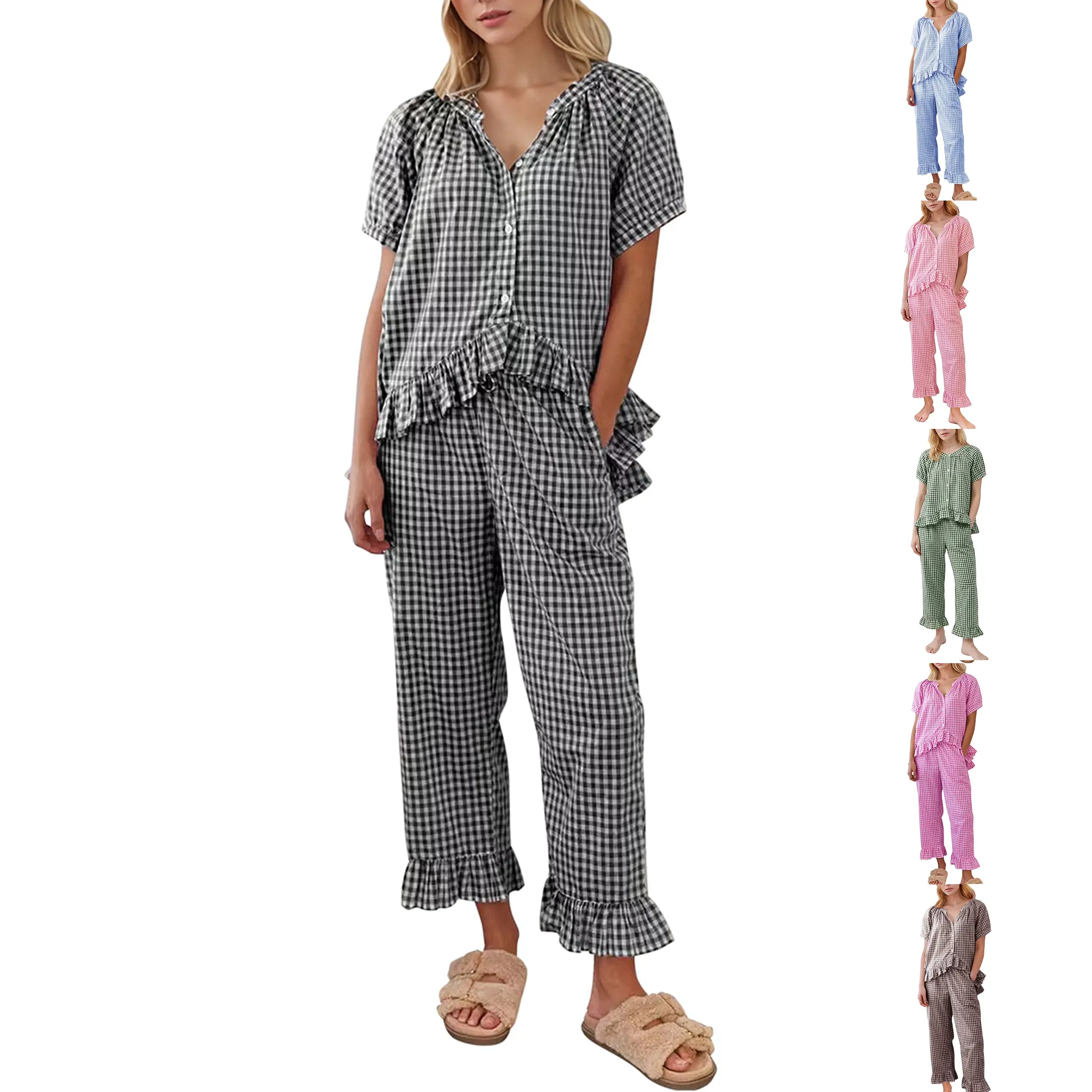 Wandal Women Gingham Plaid 2 Piece Pajama Set Puff Sleeve Babydoll Button Top Ruffle Long Pants Soft Cozy Loungewear For Sleep Travel Daily Wear